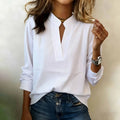 Women's Elegant Solid White V-Neck Long Sleeve Blouse with Flowy Loose Fit and Notch Collar for Casual Office Wear Women Shirts