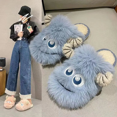 2026 New Women's Cotton Slippers with Thick Sole and Velvet Trim for Home & Outdoor Wear Cute Monster Design Cotton Slippers