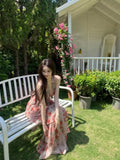 Summer New Deep V-neck Floral Print Dress Evening Party Lady Chiffon Slim Fairy Dresses Backless Sling Vintage Sweet Dress Long