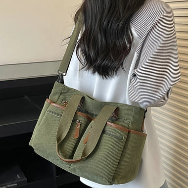 Women Corduroy Tote Bag Multi Pockets Large Capacity Shoulder Handbag Vintage Casual Crossbody Bag with Detachable Wide Strap