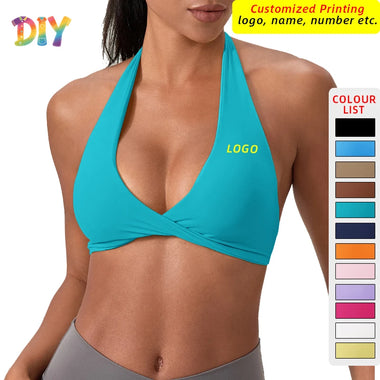 Women Sport Bra Customize LOGO Impact Sport Bra Women Halter Tank Top High Support Push-up Open Back Gym Fitness Yoga Workout Vest Removable Pad