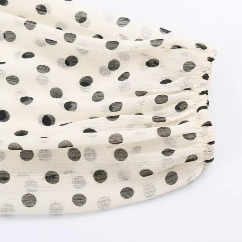 Fashion Lantern Sleeve Polka Dot Shirt Pleated Long Sleeve Lace Up Blouse Comfortable Breathable Chiffon Blouses Office Lady
