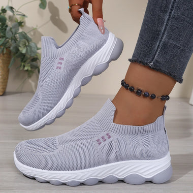 Grid Mesh Slip-On Street Sneakers, Integrated Stretch Ribbed Collar, Thick Wavy Layered Two-Tone Midsole Daily Walking Shoes