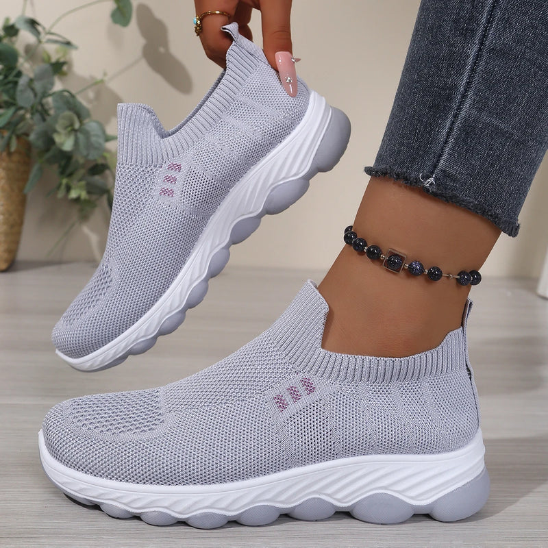 Grid Mesh Slip-On Street Sneakers, Integrated Stretch Ribbed Collar, Thick Wavy Layered Two-Tone Midsole Daily Walking Shoes