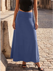 Daily Streetwear Ladies High‑waist A‑Line Maxi Skirt Solid Soft Knit Swing Long Skirt Elastic Wide Waistband Skirts