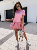 New Women's Elegant Solid Color Dress Short Dresses Loose Casual Round Neck Short Sleeves Ruffles O-Neck Ladies Party Streetwear