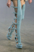 2026 New Fuzzy Flock Gladiator Thigh High Sandals Hollow Out Cut Out Stiletto Super Platform Heels Women Runway Show Party Shoes