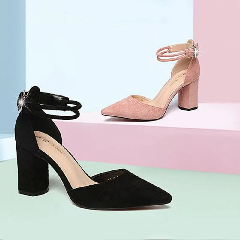 2025 Summer Square High Heels Women Shoes Flock Pointed Sandals Sexy Female Sandalias Shoes Ankle Buckle 6cm Heel Casual Pumps