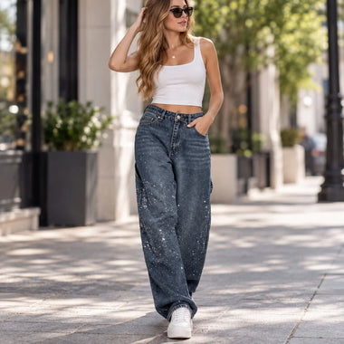 Casual High Waist Jeans Straight Leg Elegant Commuter with Lightweight Rhinestone Embellishment Full Length Spring Women Jeans