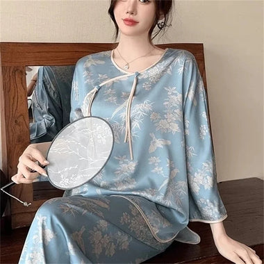 Summer Femme Ice silk Pajamas 2PCS French Lady Round Neck Printed Loungewear Two-piece Set Women Fashion Long Sleeves Long Pants