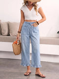 Plus Size Women's Blue Jeans, Elastic Waist with Drawstring, Flounce Hem, Loose Fit, Comfortable and Stylish Denim Jeans