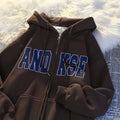 Women Letter Print Zip Up Hoodie Oversized Drawstring Hooded Sweatshirt Jacket With Kangaroo Pocket Casual Streetwear Outerwear