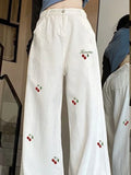 Aoaiiys White Jeans Women Cherry Embroidery Black Straight Trousers High Waisted Casual Wide Leg Pants Spring Summer New Jeans