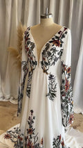 Boho Floral Embroidered Chiffon Wedding Dress for Brides Long Sleeve Deep V Neck Backless A Line Bridal Gown with Train