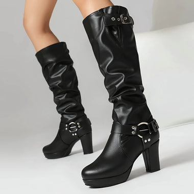 Pleated Knee High Boots Female Buckle High Boots for Women Autumn Winter Black Pink White Heels Long Shoes Ladies Big Size 45