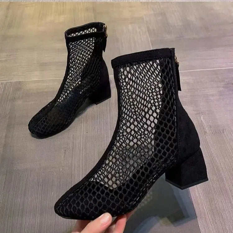 Women Plus Size European American Mesh Boots New Sexy Hollow Out Ankle Boots Solid Color Chunky Heel Block Heel Boots Breathable