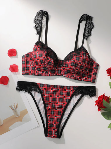 Women Plaid Heart Print Lingerie Set Lace Spaghetti Strap Bra And Panty Set Soft Comfortable Ladies Intimate Sleep Underwear Set