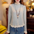 Women Blouse Top Women Ruffle Mock Neck Long Sleeve Top Lace Patchwork Cropped Casual Blouse