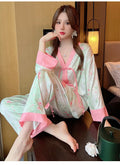 Women's 2 Piece Pajamas Set Floral Pijama Faux Silk Satin Pyjama Female Sleepwear Long Sleeve V-Neck Shirt Pants Suits Homewear