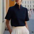 2026 European American Summer Womens Solid Chiffon Stand Collar Shirt for Women Niche Sense Design Temperament Commute Blouse