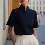 2026 European American Summer Womens Solid Chiffon Stand Collar Shirt for Women Niche Sense Design Temperament Commute Blouse