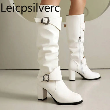 Winter new style fashion retro brown Knee high boots round head metal decoration zipper high heels women's boots high 7.5cm
