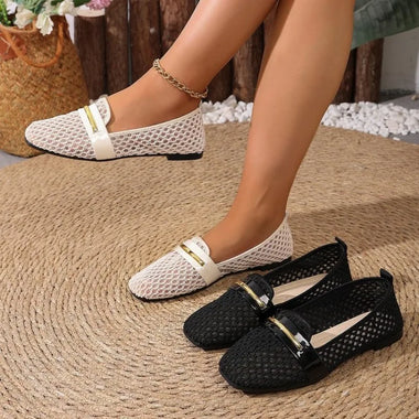 2026 Summer Women's Mary Jane Flat Shoes, New Round Toe Fishnet Hollow-Out Ballet Flats Comfortable Outdoor Walking Casual Shoes
