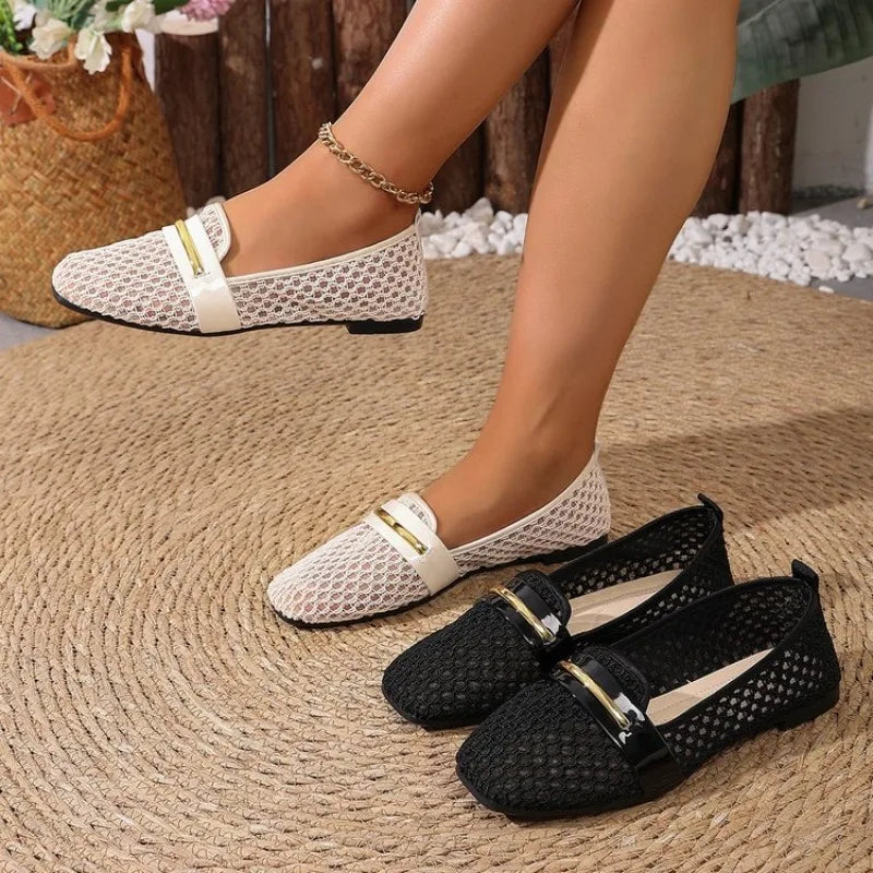 2026 Summer Women's Mary Jane Flat Shoes, New Round Toe Fishnet Hollow-Out Ballet Flats Comfortable Outdoor Walking Casual Shoes