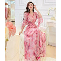 Korean Femme Sweet V-neck Dress Summer Lady Seven Divide Sleeve Long Dresses Women Fashion High Waisted Chiffon A-line Maxi Dres