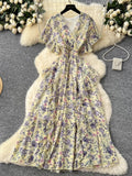French Floral Printed Dress Women Sexy Cross V-neck Short Sleeved Vintage Long Dresses Ladies Ruffled Beach Long Robe Vestidos