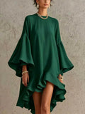 Elegant Solid Dress O Neck Loose Ruffled Asymmetrical Hem Flare Sleeve Dress Fashion Casual Summer Holiday Party Dresses