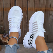 Women's Spring Autumn Knitted Thick Sole Sneakers Leopard Print Patchwork Breathable Flying Woven Lace‑Up Casual Walking Shoes