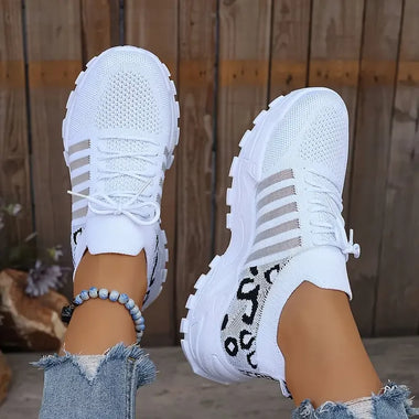Women's Spring Autumn Knitted Thick Sole Sneakers Leopard Print Patchwork Breathable Flying Woven Lace‑Up Casual Walking Shoes