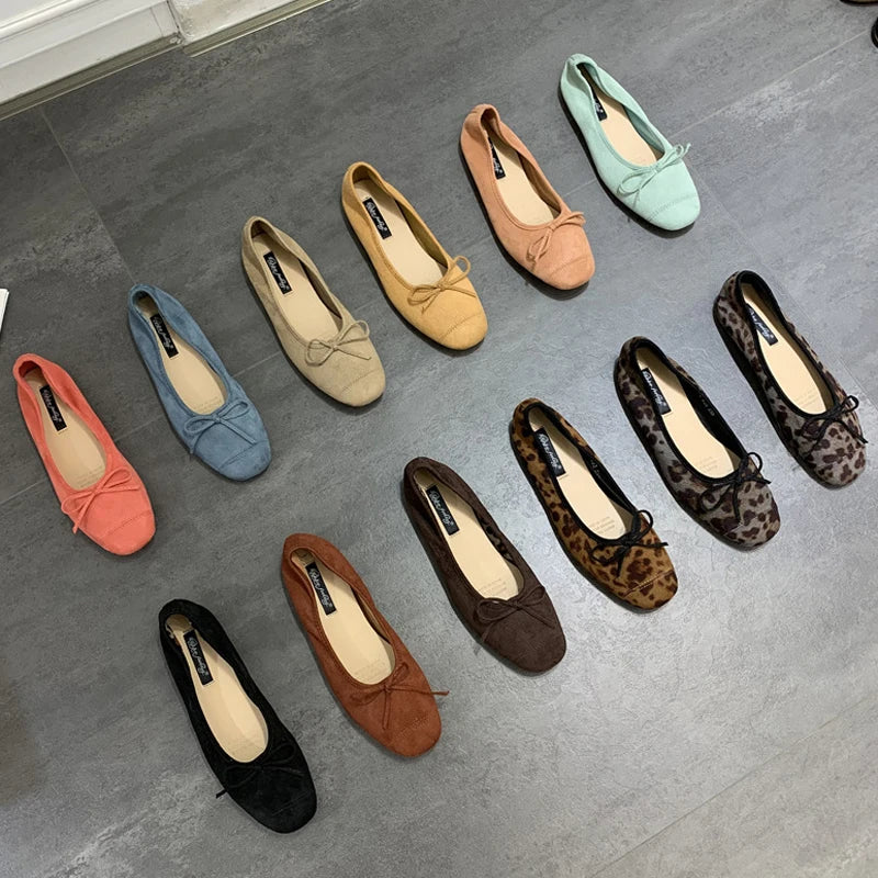 2025 Soft Sole Leopard Shoes Woman Bowtie Flock Ballet Flats Barefoot Loafers Ladies Daily Mocassines Slip On Dress Office Shoes