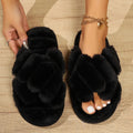 Fashion Cross Strap Fluffy Slippers Women Winter Home Open toed Plush Fur Slippers Woman Flat Heel Keep Warm Cotton Slides Shoes