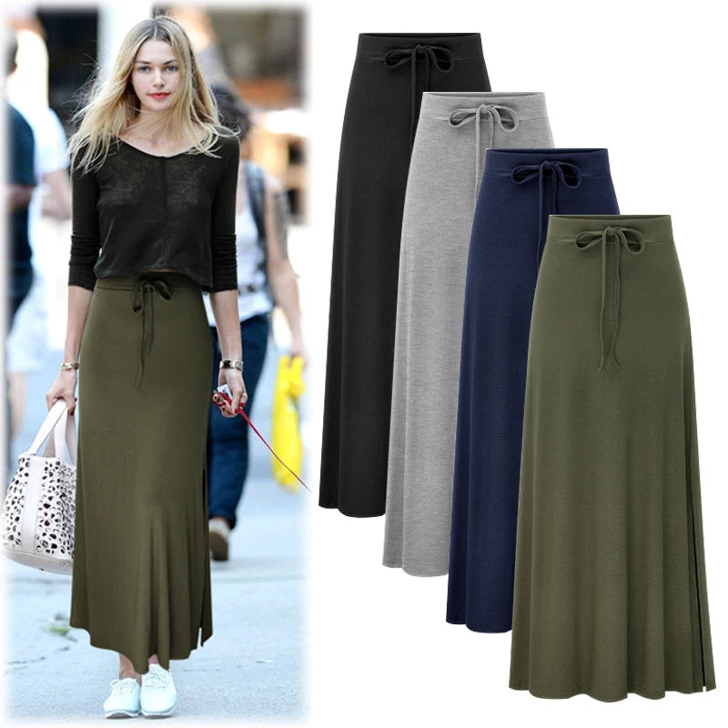 Women High Waist Drawstring Maxi Skirt Solid Color Side Split Flared Long Skirt Casual Daily Streetwear Bottoms