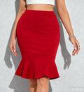 Women`s High Waist Dress Red Bodycon Midi Skirt Elegant Daily Wear Spring-Autumn Slim Fit Ruffle Flare Hem Mermaid Pencil Skirts