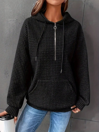 Women Plus Size Black Waffle Textured Half Zip Drawstring Hoodie Pocket Oversized Daily Casual Sweatshirt