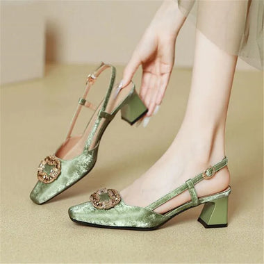 2024 New Luxury Women High Heel Sandals Patent Leather/Satin Surface Breathable Thick Heel Shoe Ladies Wedding Party Dress Shoes