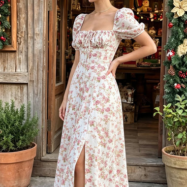 Women Retro Floral Long Dress Puff Short Sleeve Square Neck Lace-up Split Dress Vintage Holiday Casual Summer Dresses