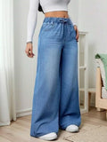European American Trend Loose Casual High Waist Women Denim Jeans 2026 Autumn Elastic Waist Wide Leg Floor-Length Pants