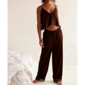 Combhasaki Women Summer Satin Silk Pajamas Set Floral Lace Trim Tie Front Split Camisole Tops+ Straight Leg Pants 2Pcs Sleepwear