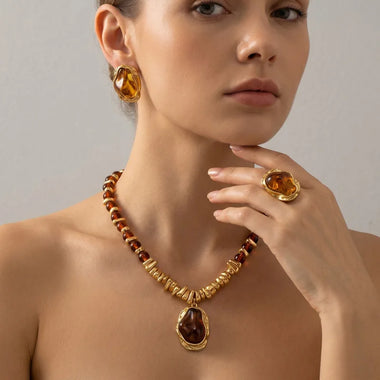 1 Set Vintage Amber Tone Jewelry Set, Irregular Resin Pendant Necklace Earrings Ring, Gold Plated Retro Statement Jewelry