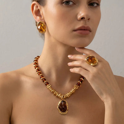 1 Set Vintage Amber Tone Jewelry Set, Irregular Resin Pendant Necklace Earrings Ring, Gold Plated Retro Statement Jewelry