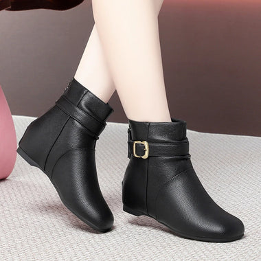 Shoes Autumn Winter Leather Ankle Boots Fleece Lined Thick Sole Chunky Heel Mom Fashion Warm Cotton Shoes For Middle Aged Ladies
