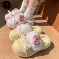 Sweet Bowknot Design Furry Fur Indoor Slippers 2026 Winter Warm Plush Home Slippers Women Soft Sole Non Slip Platform Girl Shoes