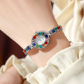 Women Gold Oval Dial Rainbow Multicolor Crystal Bracelet Quartz Watch