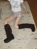 Autumn Black Cow Suede Pleated Boots Round-toe Slip-on Platform Height Increasing Knee-high Boots Crafted Trouser Legs booties