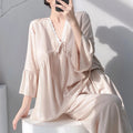 Summer Lady Cotton Silk Thin Pajamas Sets Women V-Neck Long Sleeve Tops Sleepwear Pants 2PCS Female Korean Loose Homewear Suits