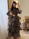 2026 Summer Autumn Chic Floral Women's Cake Dress Bell-Bottomed Sleeve Stand Collar Waist-Closed Lady Dresses New
